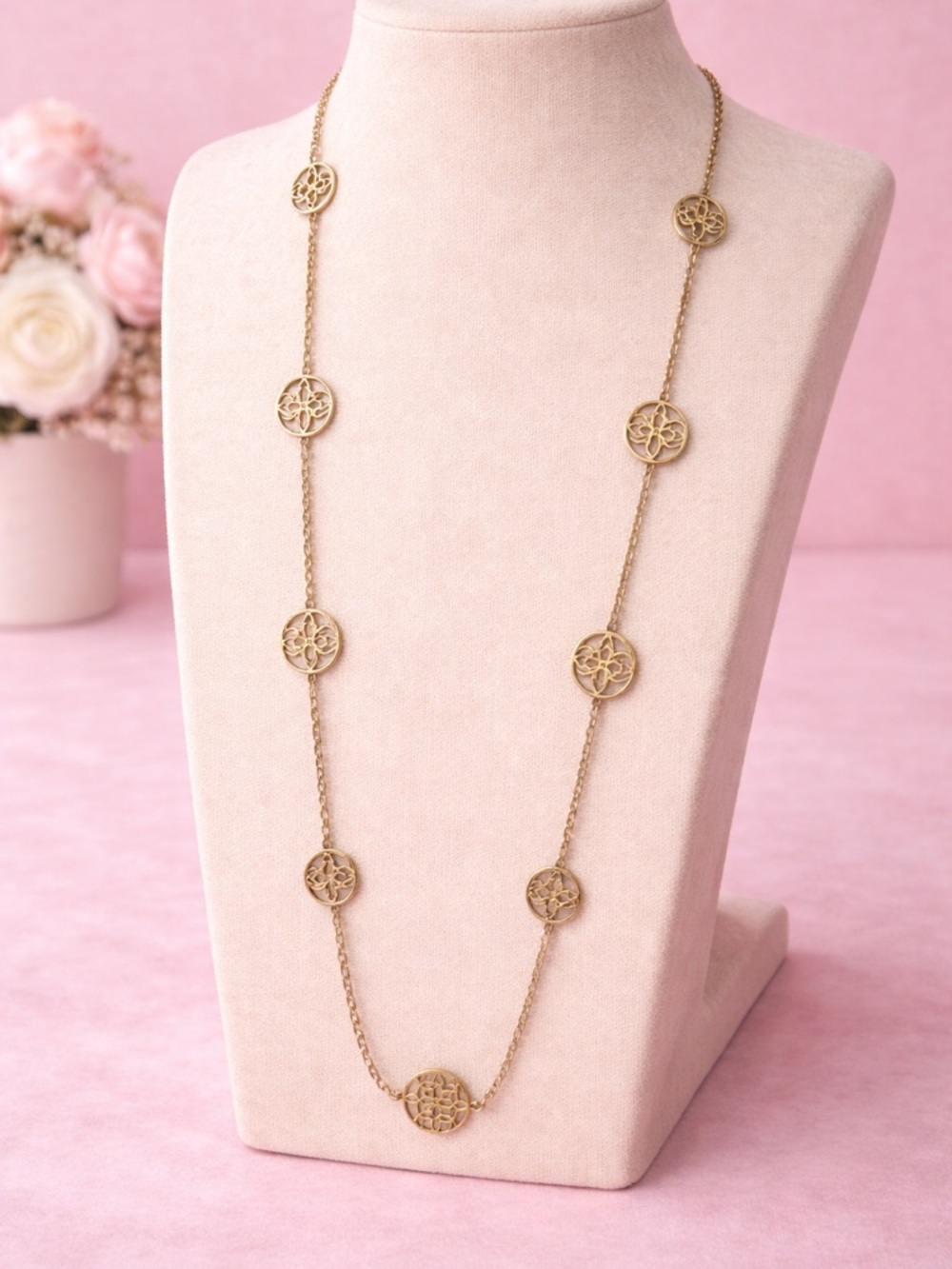 Gold-Tone Long Station Necklace with Filigree Medallions